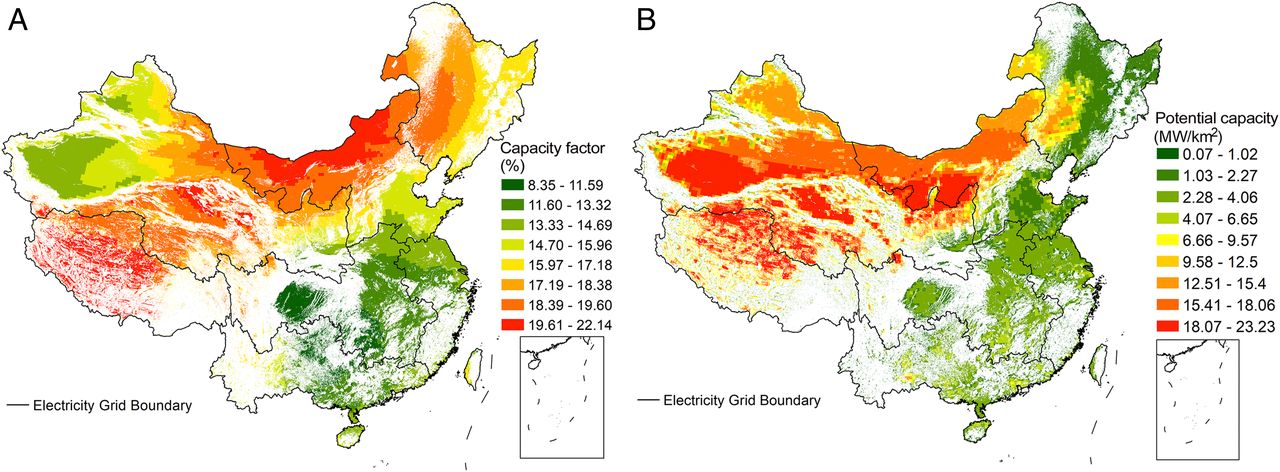 20211012-mk手机注册环境学院、碳中和研究院、哈佛大学等联合团队系统解析我国太阳能发电平价路径与并网潜力-鲁玺-图1 光伏发电容量因子(A)及装机潜力(B)分布.jpg